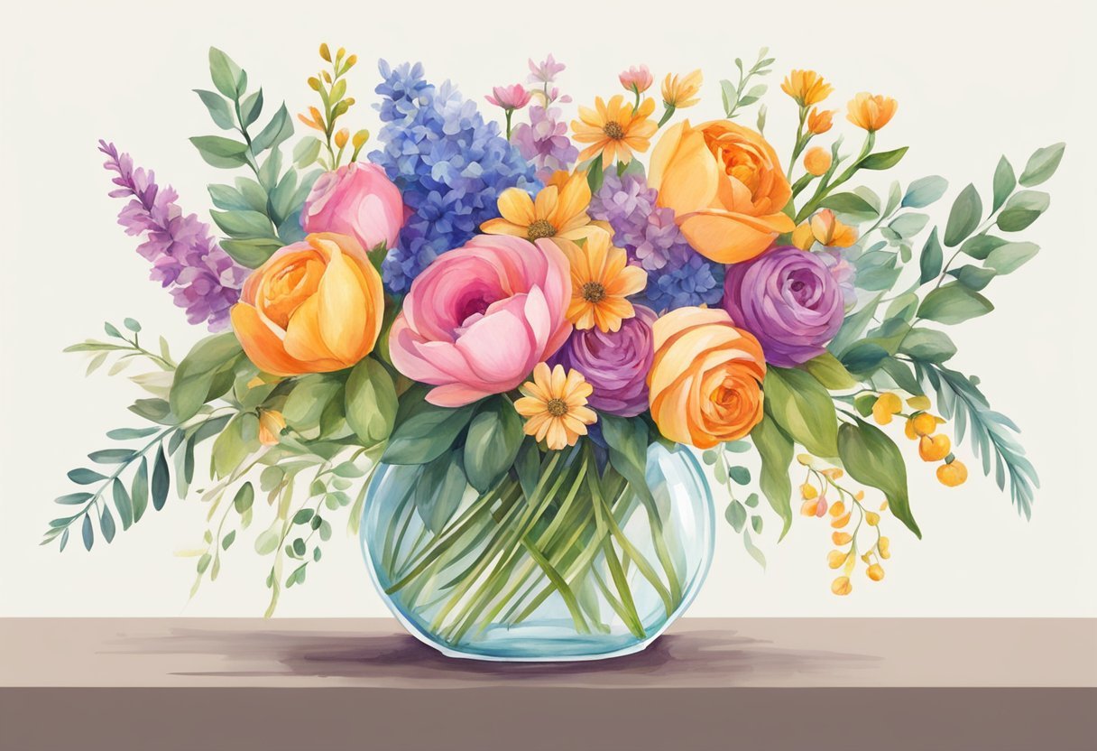 Colorful blooms in various heights and sizes fill a glass vase, accented with greenery and ribbons. Bright, cheerful, and celebratory
