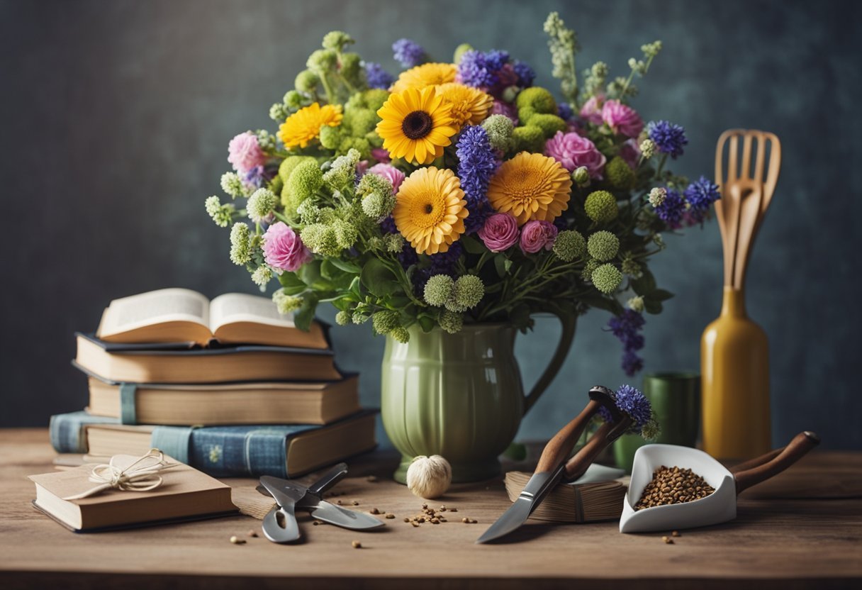 A colorful bouquet of fresh flowers arranged in a decorative vase, surrounded by gardening tools, seed packets, and a book on flower arranging
