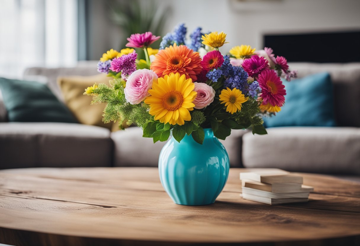 A vase of vibrant flowers sits on a rustic wooden table, adding a pop of color to a cozy living room