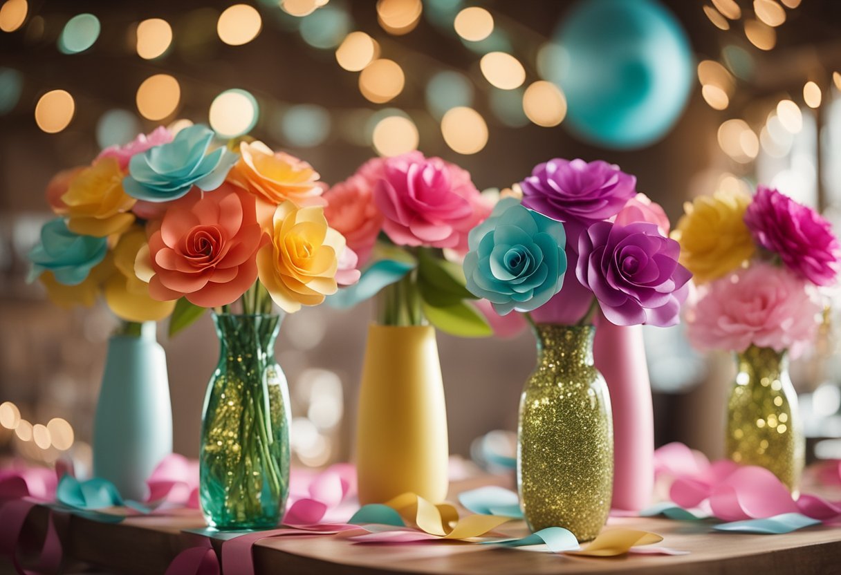 Colorful paper flowers arranged in vases, hanging from strings, and adorning tables. Glitter, ribbons, and crafting supplies scattered around. A joyful and festive atmosphere