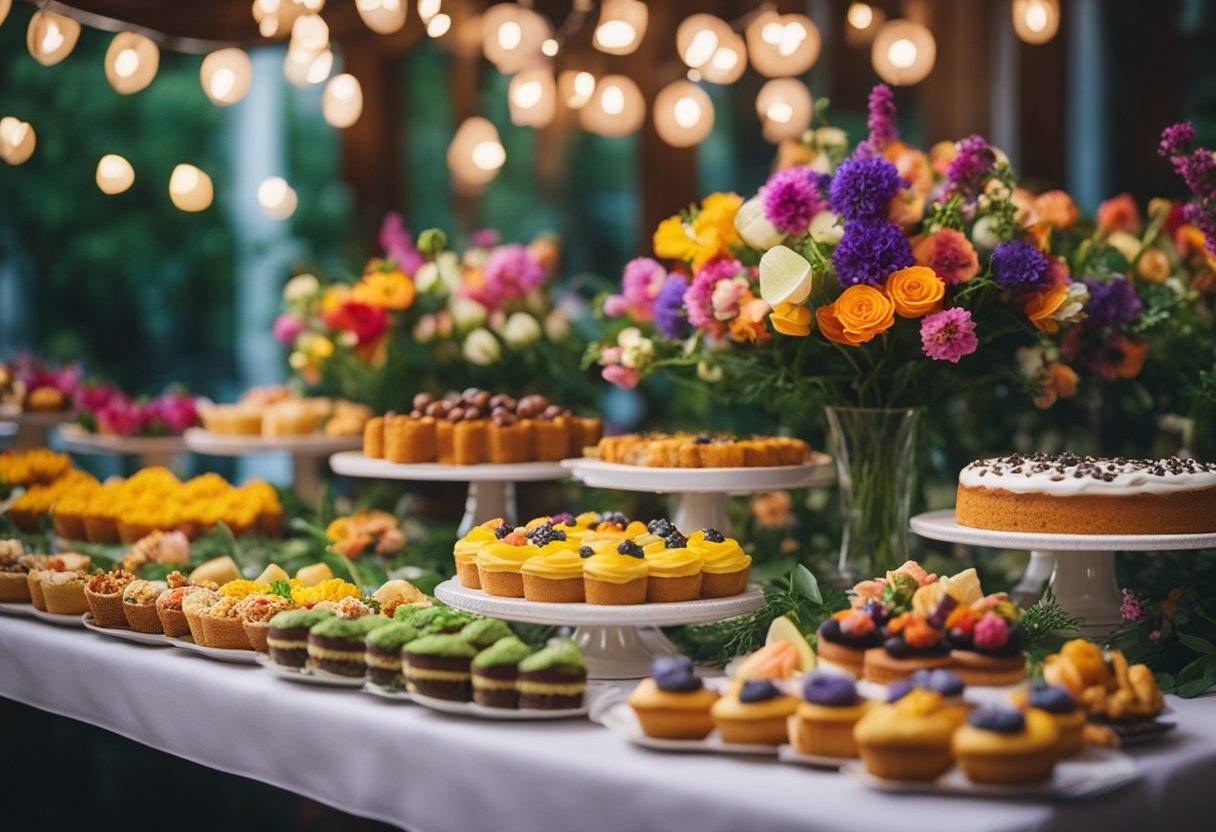 Colorful edible flowers arranged on dessert table with cakes and pastries. Bright lighting highlights the vibrant petals and greenery