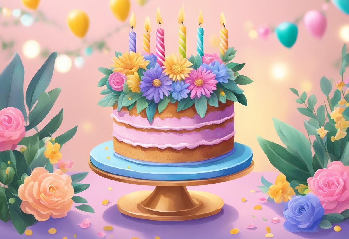 A colorful flower-themed birthday cake sits on a table, adorned with vibrant blooms and greenery. The cake is surrounded by pastel-colored decorations and twinkling fairy lights