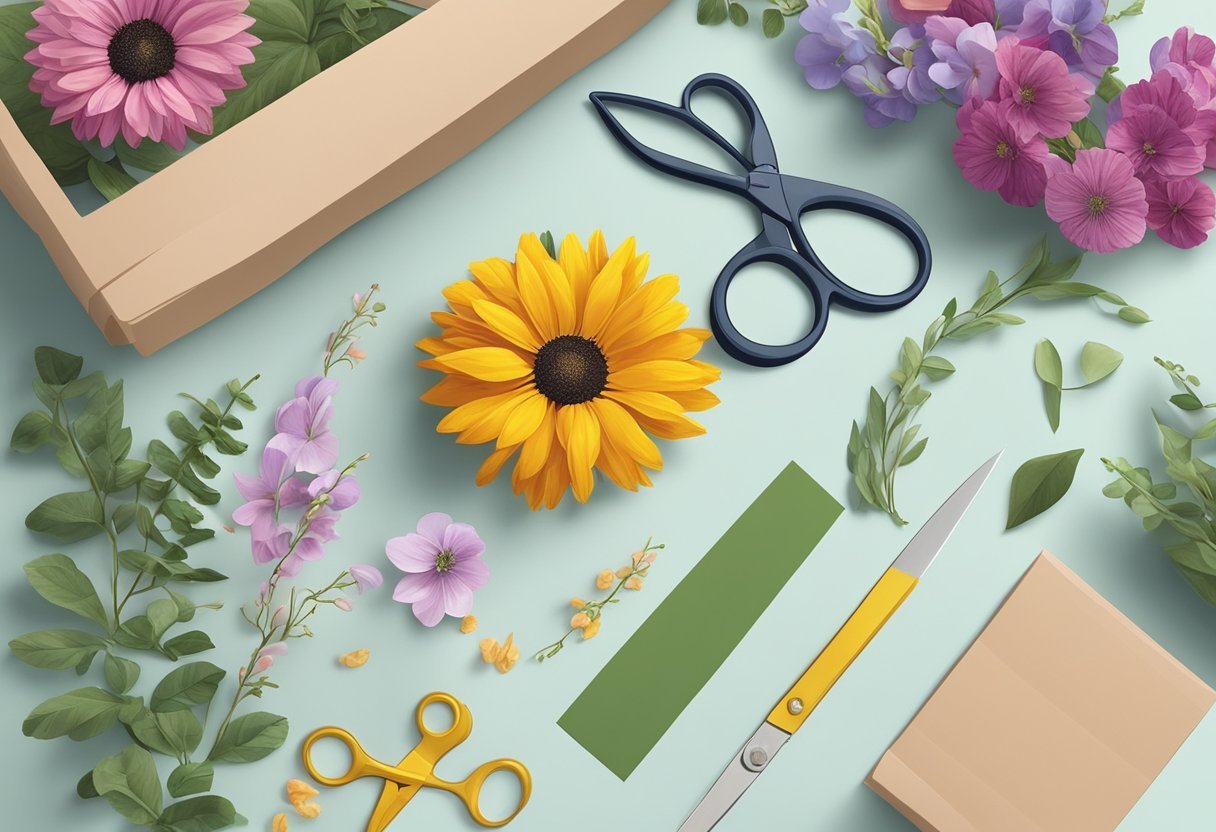 Colorful flowers and greenery laid out on a table. A thin wire and floral tape nearby. Scissors and ribbon ready for assembly