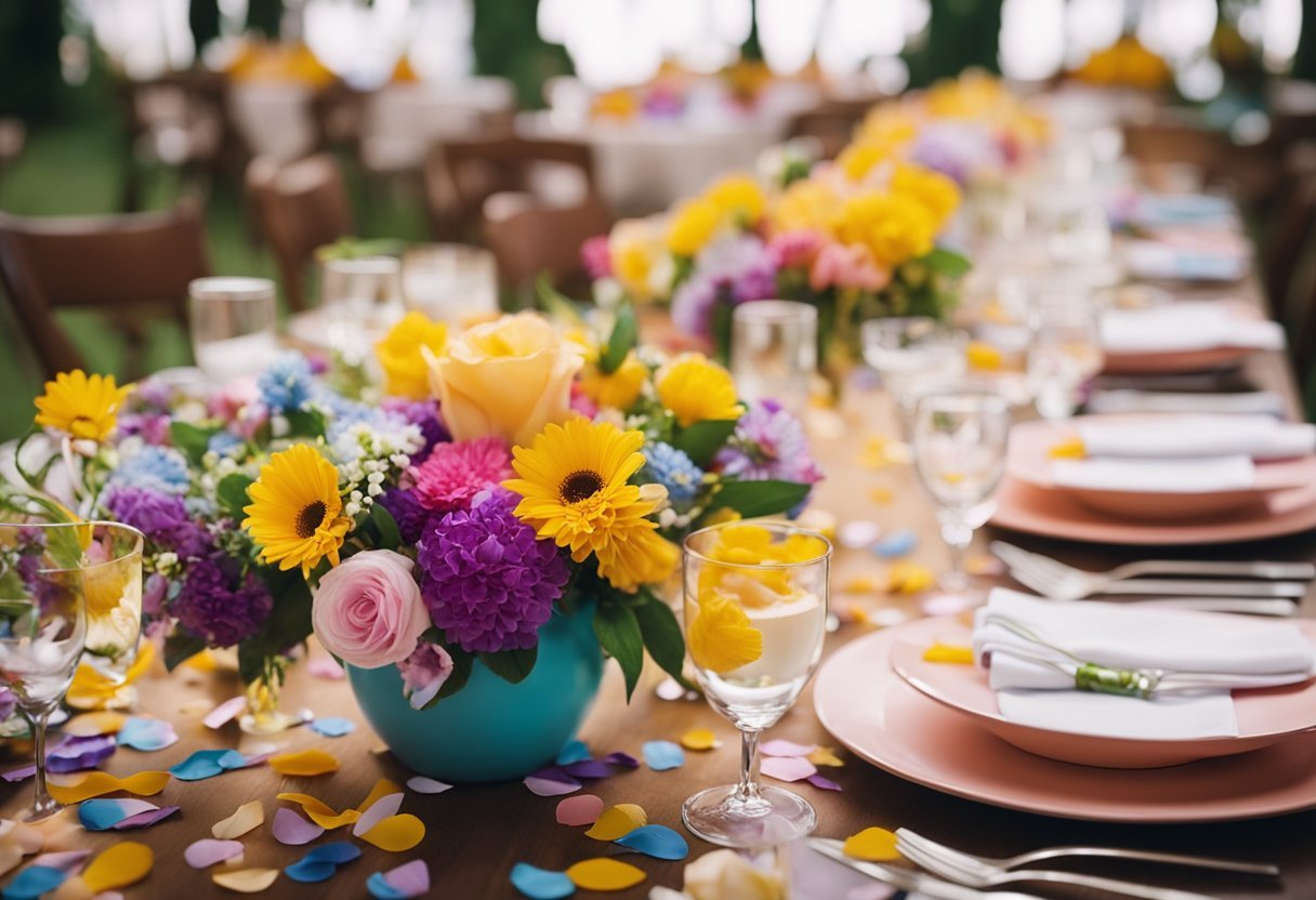 A colorful table setting with a variety of fresh flowers in vases, floral centerpieces, and flower petal confetti scattered around the party area