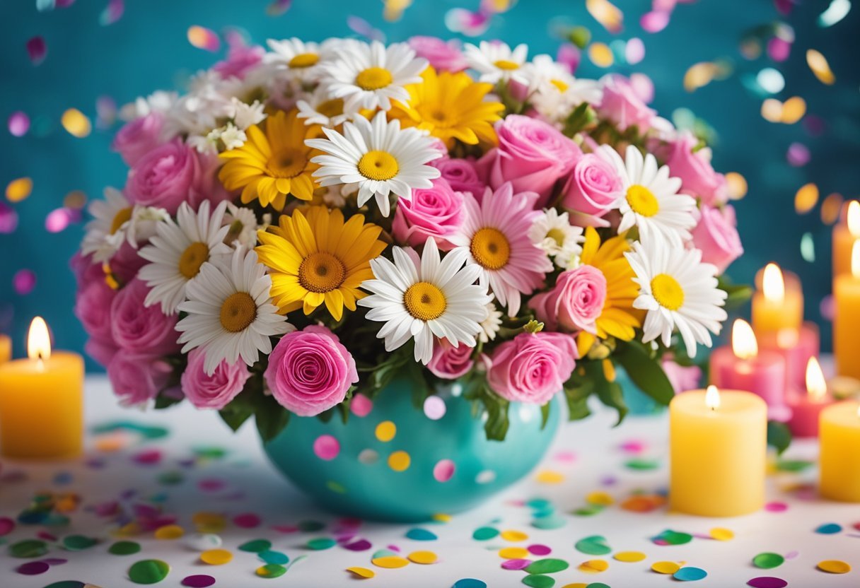 A vibrant bouquet of daisies, roses, and lilies arranged in a decorative vase, surrounded by colorful confetti and birthday candles